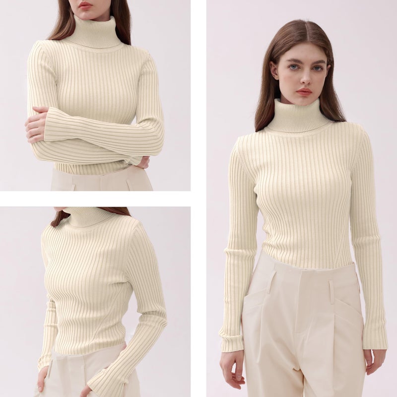 v28 Women Stretchable Turtleneck Knit Long Sleeve Slim Fit Sweater (L,Ivory) - Image 5